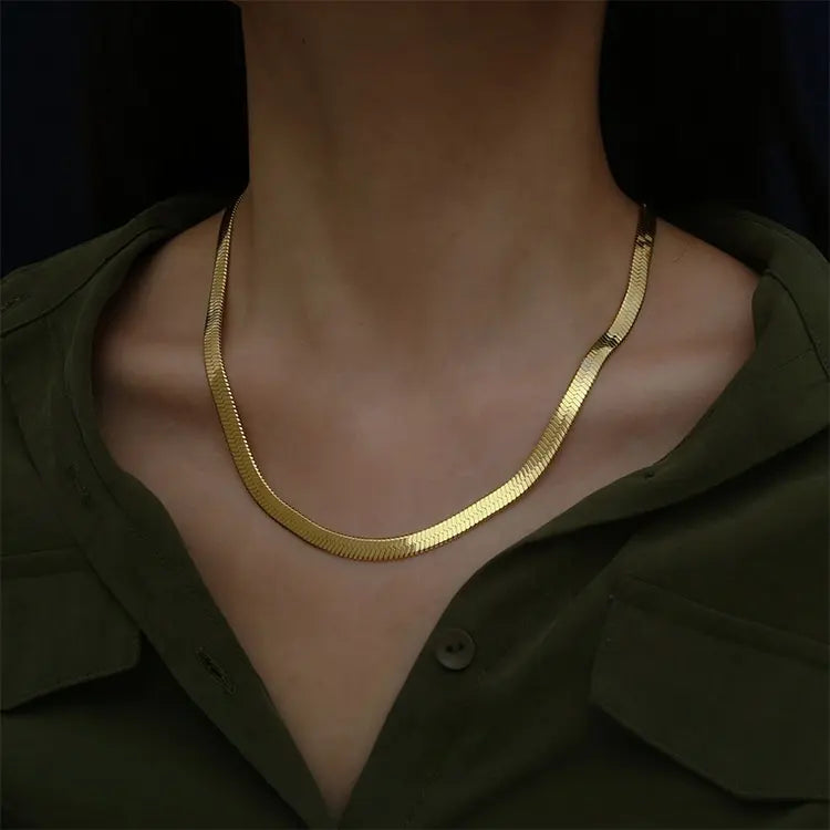 18K Gold Plated Herringbone Necklace| 4mm